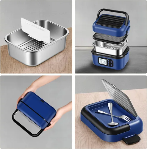 Vista 6 de Lonchera eléctrica inalámbrica XL para adultos, alimentada por batería, capacidad de 2 x 6.3 tazas, calentador de alimentos portátil recargable