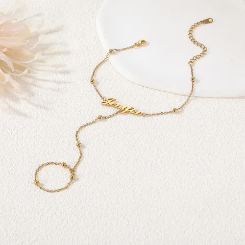 Vista 5 de MMXX Pulseras de cadena de mano con nombre personalizado para mujer, pulsera de anillo de dedo de oro delicada pulsera de moda bohemia cadena
