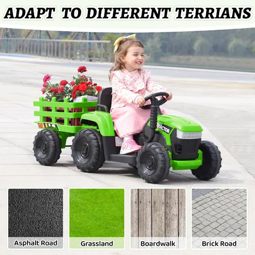 Vista 7 de TOBBI - Coche eléctrico para niños de 12 V con remolque, tractor para Verde