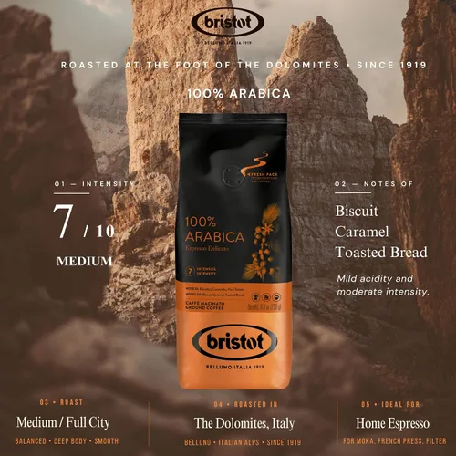 Vista 2 de Bristot Café molido 100% arábica – Espresso italiano delicado – Tostado medio – Café molido para moka, prensa francesa y filtro – 8.8 oz (250 g)