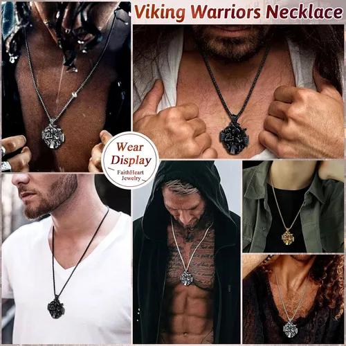 Vista 2 de FaithHeart Collar vikingo para hombre, acero inoxidable, mitología nórdica, lanza vikingaamuleto de Odín