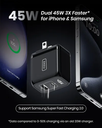 Vista 9 de Cargador USB C, INIU de 2 puertos y 45 W, cargador súper rápido tipo C, mini cargador de pared PD PPS USB C plegable de GaN Tech para Samsung Galaxy