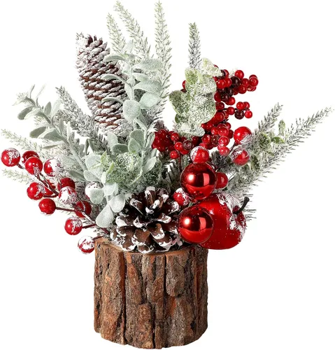 Vista 9 de Hatisan Árbol de Navidad pequeño con adornos de Navidad, piña baya, árbol de Navidad artificial de mesa para decoración de Navidad, hogar