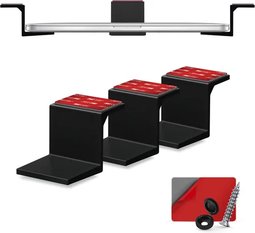 Vista 10 de Soporte para laptop debajo del escritorio para escritorio, adhesivo y atornillado, dispositivos de hasta 1.5 pulgadas de grosor como Macbooks