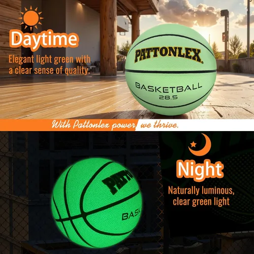 Vista 3 de Balones de baloncesto que brillan en la oscuridad de cuero verde brillante para interiores y exteriores, tamaño oficial 7-29.5, tamaño 6-28.5