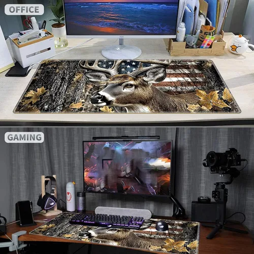 Vista 6 de Alfombrilla de mouse grande para juegos más un posavasos + clips para cables, alfombrilla de mouse extendida de ciervo camuflaje (31.5 x 11.8)
