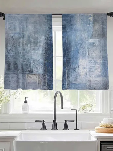 Vista 2 de Cortinas traslúcidas azules abstractas de 84 pulgadas de largo, juego de 2 paneles y cortinas semicortinas grises con bolsillo para barra de cocina