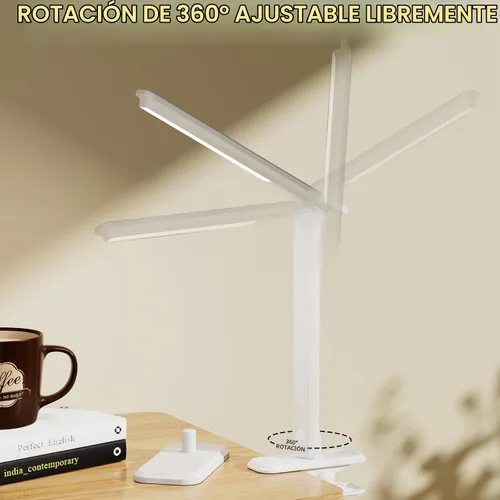 Vista 6 de Lámpara LED de escritorio, lámpara de mesa regulable, lámpara de lectura con clip y base intercambiables, 3 brillos regulables, pequeña lámpara