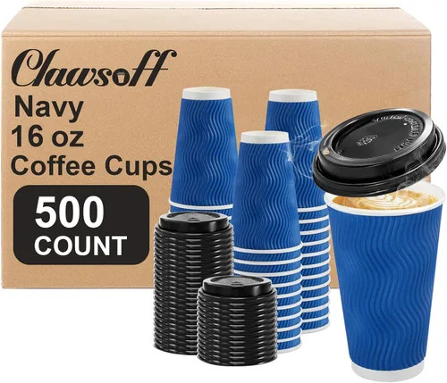 Vista 10 de Clawsoff Paquete de 100 tazas de café con tapas, de 8 onzas, desechables, aisladas, onduladas, para bebidas frías/calientes, oficina, hogar, tienda