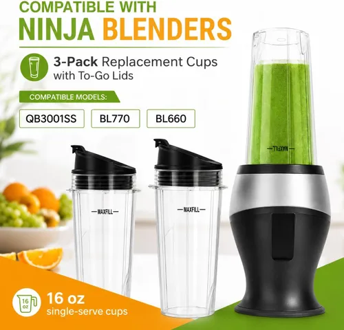 Vista 3 de Vasos de repuesto de 16oz para licuadora Ninja - Paquete de 3 vasos de licuadora Ninja con tapas, compatibles con Ninja QB3001SS, BL770, BL780
