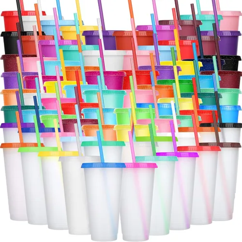 Vista 9 de Honeydak Paquete de 60 vasos con popote y tapa, vasos a granel para regalos, tazas de café de plástico con purpurina de 24 a 27 onzas, botella