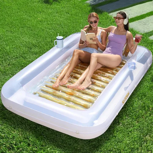 Vista 10 de SLOOSH Flotador inflable, camastro para adultos, con almohada, 178 x 117 cm, 4 en 1: balsa-tina bronceadora, camastro para tomar el sol, fiestas Azul
