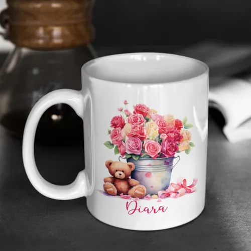 Vista 5 de Tazas de cerámica personalizadas del cubo de rosas con nombre, Taza de flores, Taza de café de flores de rosas personalizadas, Taza de té floral