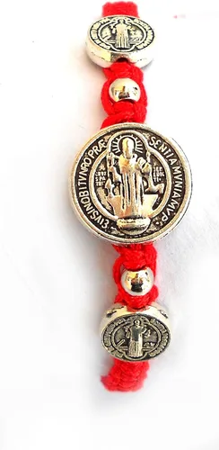 Vista 6 de Pulsera de cordón rojo ajustable de San Benito con tres medallas plateadas (juego de 3) Pulsera San Benito.