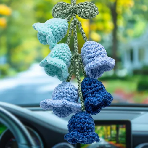 Vista 24 de Accesorios para colgar espejos de automóvil, colgante de flor de lirio tejido hecho a mano, bonita decoración colgante de ganchillo para espejo