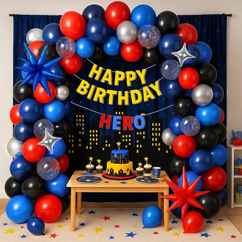 Vista 3 de Kit de arco de globos de araña azul marino, rojo, negro y plateado, globos