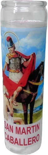 Vista 6 de Veladora de rezo San Martín Caballero oración al reverso en español para problemas económicos 14 oz vaso grande una pieza Blanca sin esencia