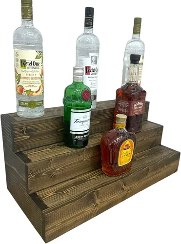 Vista 17 de Estantería de exhibición escalonada hecha a mano, exhibición de barra de tres niveles, organizador de barra, exhibición de botellas de licor