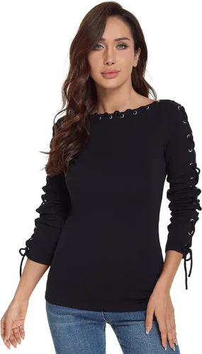 Vista 2 de AmélieBoutik Blusa de manga larga con ribete de encaje para mujer