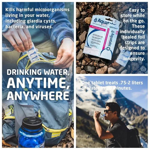 Vista 2 de Aquatabs Tabletas de purificación de agua de 49 mg (paquete de 30). Purificador de agua portátil para artículos esenciales de campamento,