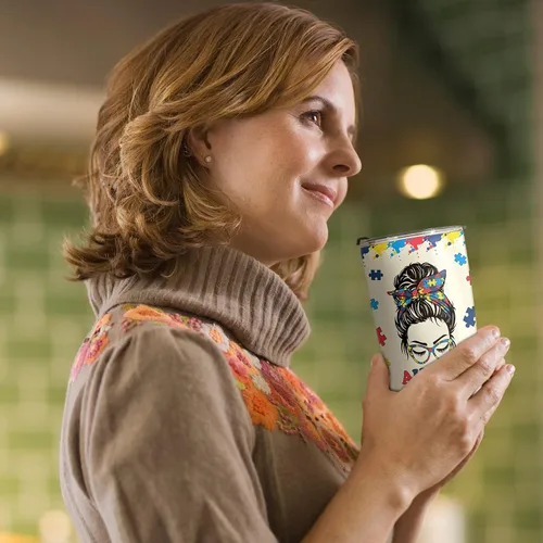Vista 6 de Regalos para mamá autista, taza de viaje de conciencia sobre el autismo con popote para mamá, tazas de acero inoxidable para autismo de 20 onzas