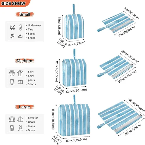 Vista 3 de Bolsa de ropa para almacenamiento de armario, ahorro de espacio de equipaje, rayas azules y verde azulado sobre blanco, impermeable, juego de 3