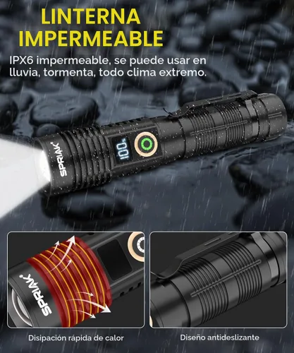 Vista 4 de Linterna recargable de alto lúmenes, luz magnética súper brillante con pantalla digital de potencia, largo alcance, regulable, impermeable, linterna