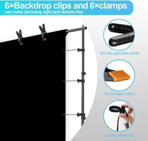 Vista 5 de EMART Sistema de soporte de fondo de 7 x 10 pies, kit de iluminación profesional para fotografía, fondo blanco y negro de 6.5 x 10 pies, sistema
