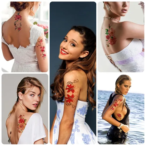 Vista 3 de Tatuajes temporales florales de 21 hojas, diseños brillantes de peonías y rosas en 3D, arte corporal impermeable para mujeres y niñas, calcomanías