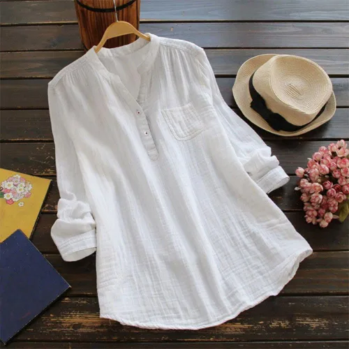 Vista 2 de ANBOO Camisas de lino de algodón para mujer, cuello alto, manga larga, casual, holgada, blusa de lino de algodón (3XL, blanco)