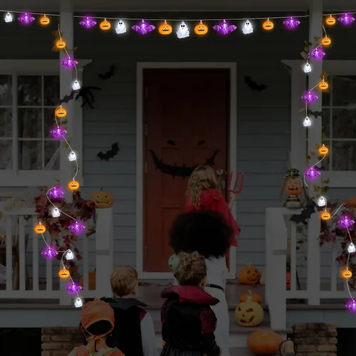 Vista 6 de Guirnalda de luces de Halloween, 16.4 pies, 30 luces LED 3D de calabaza, murciélago, fantasma, funciona con pilas, color naranja y morado, 8 modos