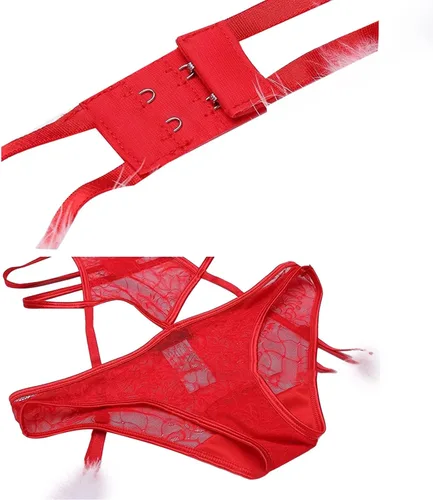 Vista 6 de Christmas Lingerie for Women Strappy Furry Trim Cut Out Bodysuits Xmas One Piece Teddy with Garter Babydoll Chemises