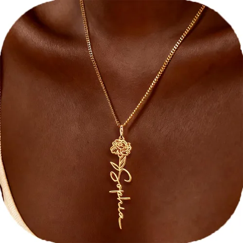 Vista 9 de TRANGEL Custom Birth Flower Name Necklace Personalized 18K Gold Plated Necklace Floral Pendant Jewelry Mothers Christmas Birthday Gift for Women