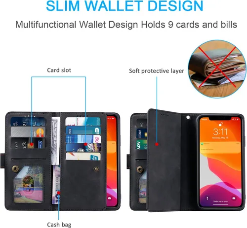 Vista 2 de UEEBAI Funda tipo cartera para iPhone SE 2022 5G/iPhone 7/iPhone 8/iPhone SE 2020, retro con 9 ranuras para tarjetas, bolsillo con cremallera, funda
