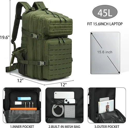 Vista 2 de Mochila táctica militar 45L/25L Paquete de asalto de 3 días Molle Daypack Mochila de senderismo para hombres y mujeres