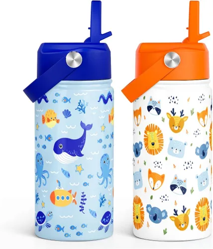 Vista 24 de SANDJEST Botella de agua para niños con tapa con pajilla, botellas de agua de acero inoxidable con aislamiento del alfabeto de 12 onzas para niños