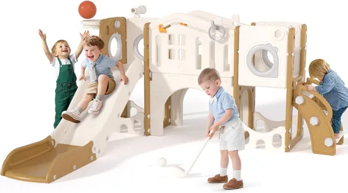 Vista 10 de KORIMEFA Juego de toboganes 8 en 1 para niños pequeños de 1 a 3 años, juego de escalador con aro de baloncesto y pelota, patio de juegos para niños