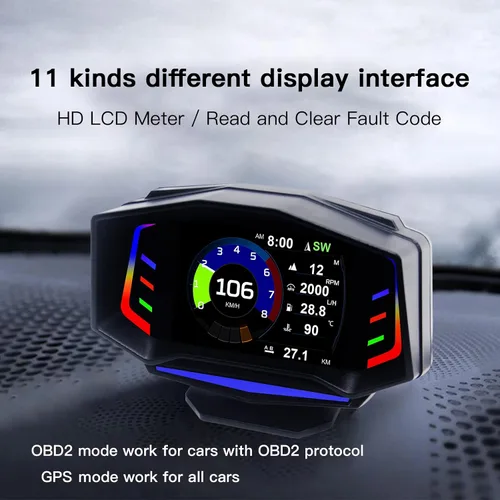Vista 4 de AP-8 - Pantalla frontal para coche, sistema dual universal OBD2, modo GPS, medidor de pendiente HUD, medidor inteligente multifunción con luz