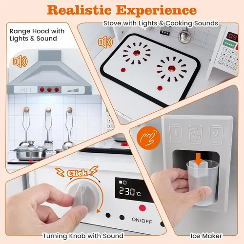Vista 3 de Costzon Cocina de juego de 3 piezas para niños, juego de cocina de juguete de madera con refrigerador, lavadora, campana extractora, máquina