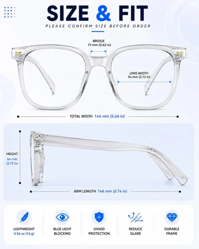 Vista 5 de PANNER Gafas cuadradas de gran tamaño con bloqueo de luz azul antideslumbrante para computadora Gris