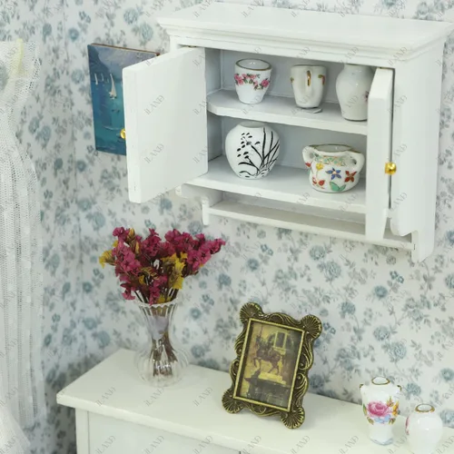 Vista 3 de iLAND Muebles para casa de muñecas a escala 1/12, armario de cocina para casa de muñecas en miniatura, estilo rústico moderno, color blanco