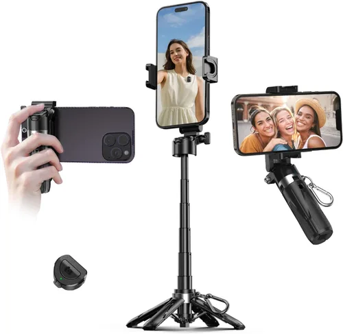 Vista 10 de Trípode portátil para selfie stick con luces de doble llenado y control remoto Bluetooth, trípode de teléfono de tamaño bolsillo 3 en 1 con 2