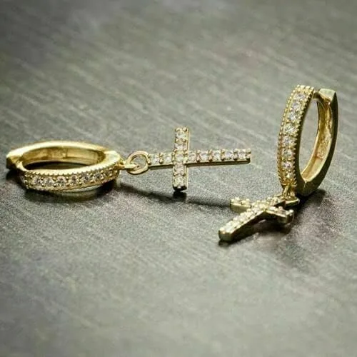 Vista 2 de TISHYA JEWELLERS Pendientes de aro colgantes con cruz de diamantes redondos de 2.00 quilates para hombre de oro amarillo de 14 quilates Fn, Piedra