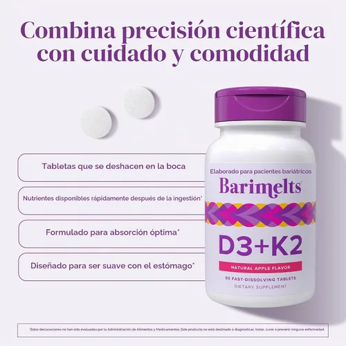 Vista 3 de BariMelts Vitamina D3 y K2, 90 tabletas, sabor natural a manzana