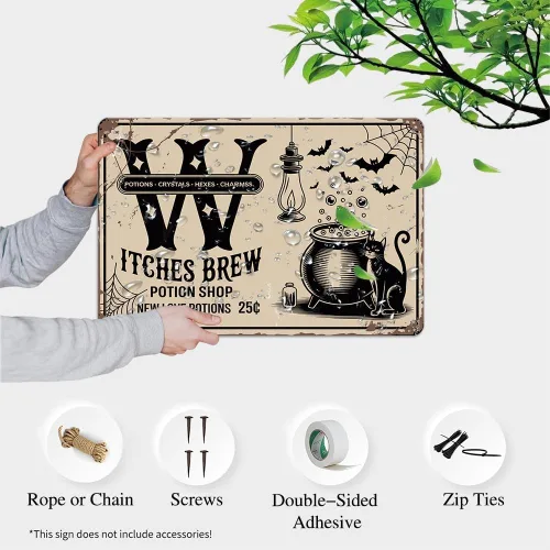 Vista 2 de Letrero de metal vintage con texto en inglés «Witches Brew Potion Shop», 8 x 12 pulgadas, diseño de bruja gótica, para porche, pubs, cafetería