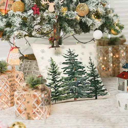 Vista 4 de AVOIN colorlife - Juego de fundas de cojín con diseño de árboles de Navidad y copos de nieve, 16 x 16 pulgadas, decoración festiva de invierno