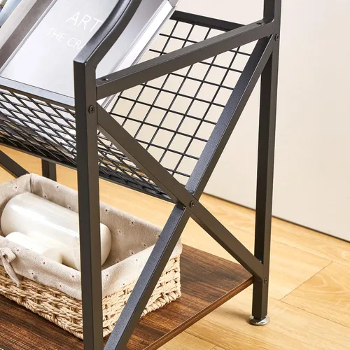 Vista 6 de VECELO Mesita de noche de 3 niveles con soporte para revistas en forma de V, mesita de noche pequeña con estante de almacenamiento abierto para sala