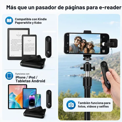 Vista 4 de Turner de páginas para Kindle Paperwhite, RF Control remoto Clicker Page Turner Accesorios Kindle para iPhone, iPad, tabletas Android, novelas
