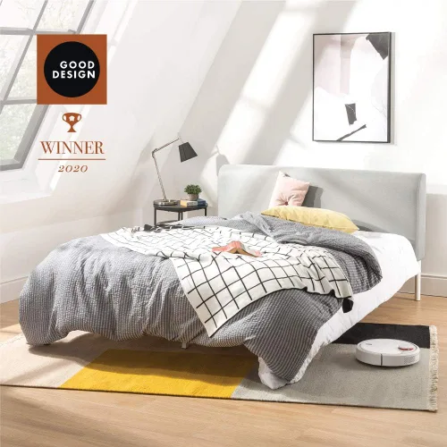 Vista 3 de Mellow BREE - Cama de plataforma de metal con cabecera curvada y tapizada, listones de acero, fácil montaje, gris cielo, tamaño matrimonial