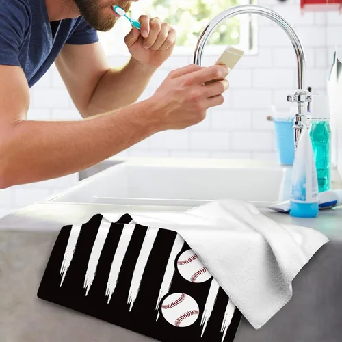 Vista 6 de Juego de 2 toallas de mano de béisbol, regalo para los amantes del béisbol, suaves y absorbentes, toallas de baño con bandera estadounidense